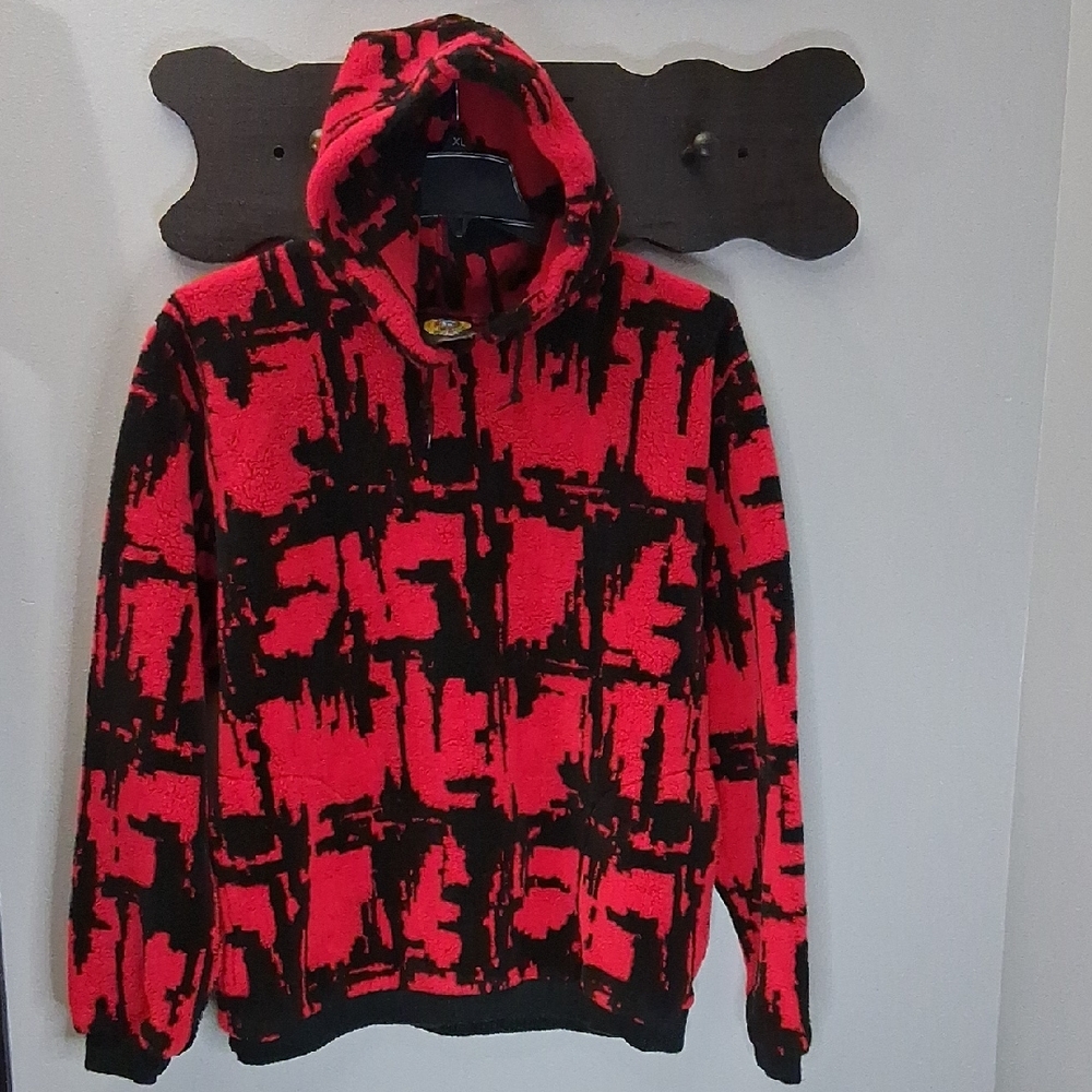 Sunbuster Unisex Pullover Fleece Jacket Size M Red Abstract Hooded Regular Fit